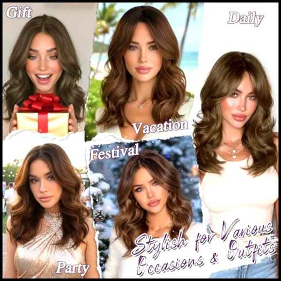 Short Wavy Synthetic Wig Shoulder Length Layered Curtain Bangs Natural Looking main image 6